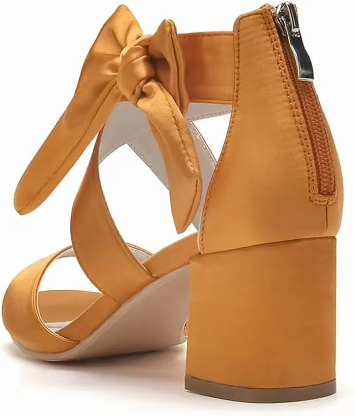 Women's Thick Heel Sandals Satin Evening Dress Shoes with Soft Bowknot
