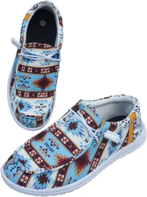 Women's Wendy Aztec Print Canvas Lace-Up Loafers, Lightweight Slip-On Casual Walking Shoes, Dudes Boho Comfortable Low Top Flat Sneakers for Everyday Wear