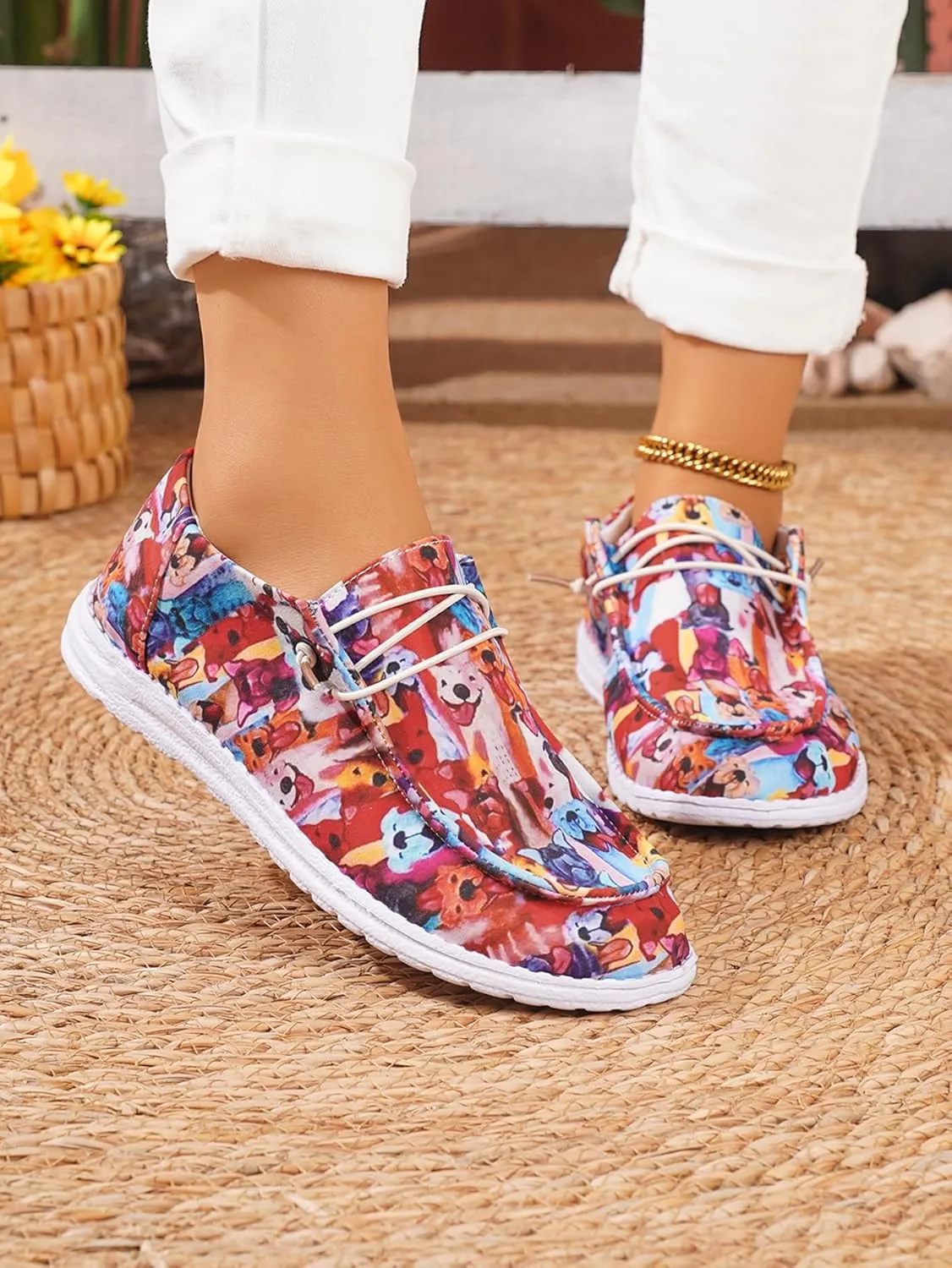 Women's Wendy Chambray Boho Print Slip on Loafers Comfortable & Lightweight Women's Flat Shoes Orthotic Casual Women's Shoes