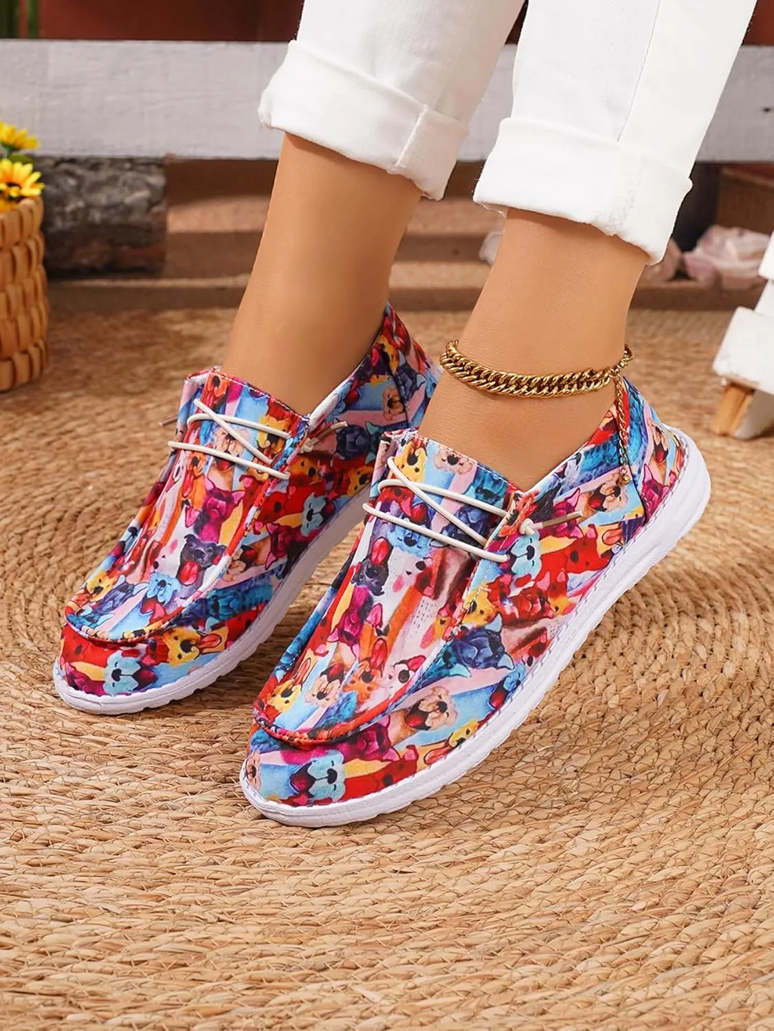 Women's Wendy Chambray Boho Print Slip on Loafers Comfortable & Lightweight Women's Flat Shoes Orthotic Casual Women's Shoes