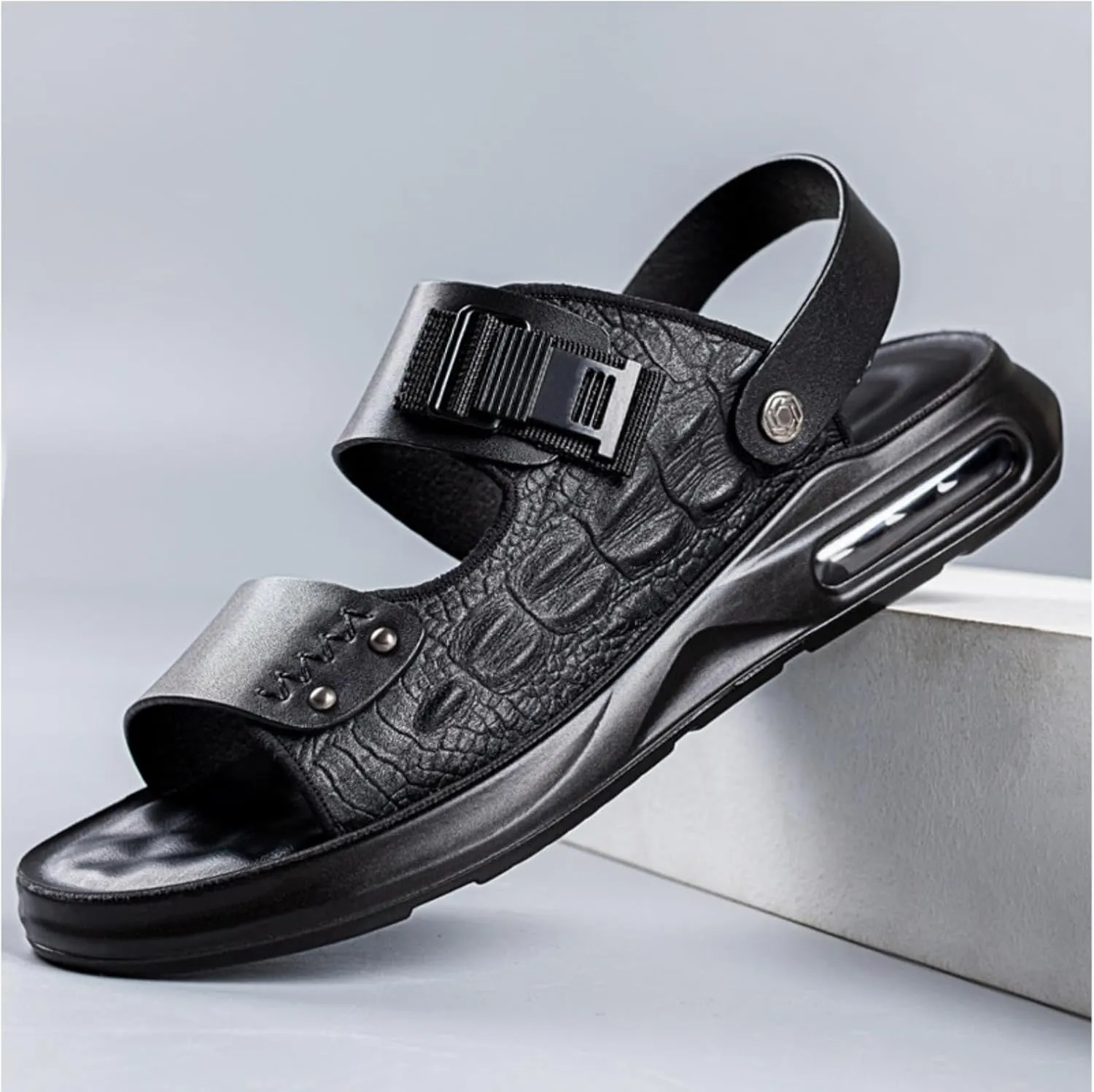 XOEKDMen's Crocodile Pattern Leather Air Cushion Soft Bottom Sandals Fashionable and Non-Slip Round Open Toe Adjustable Ankle Strap Beach Slippers Suitable Outdoor Hiking
