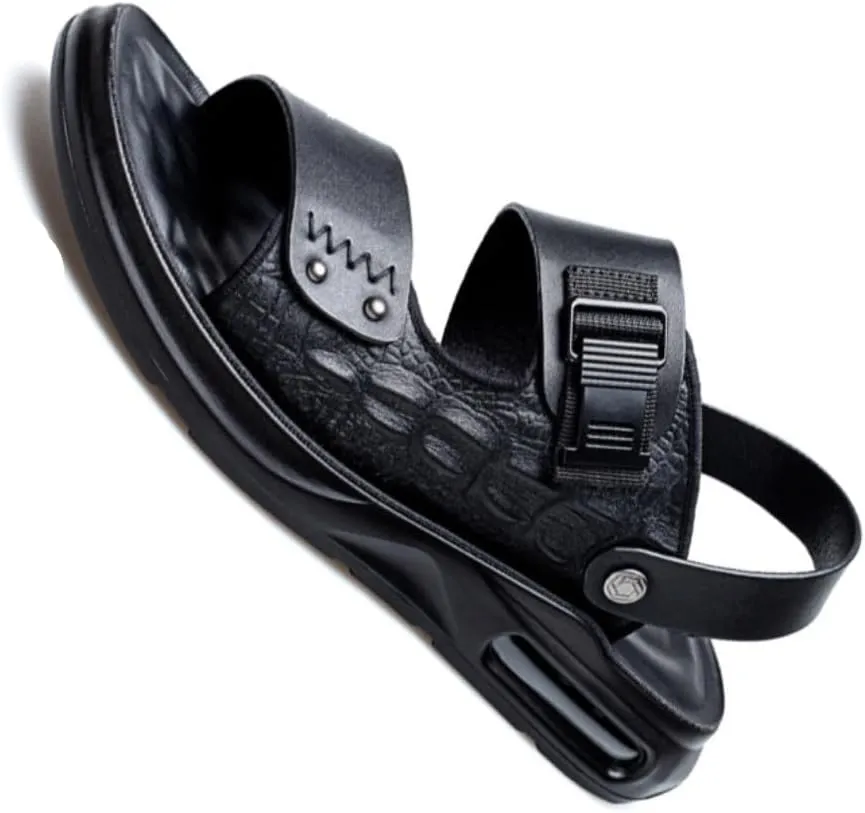 XOEKDMen's Crocodile Pattern Leather Air Cushion Soft Bottom Sandals Fashionable and Non-Slip Round Open Toe Adjustable Ankle Strap Beach Slippers Suitable Outdoor Hiking