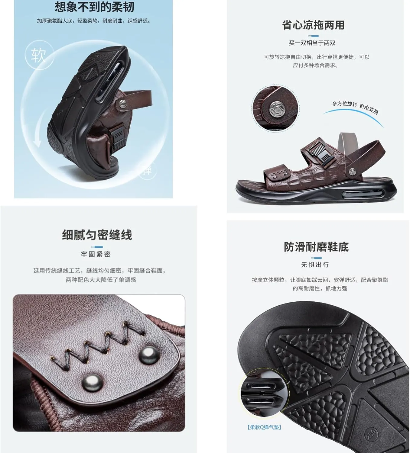 XOEKDMen's Crocodile Pattern Leather Air Cushion Soft Bottom Sandals Fashionable and Non-Slip Round Open Toe Adjustable Ankle Strap Beach Slippers Suitable Outdoor Hiking