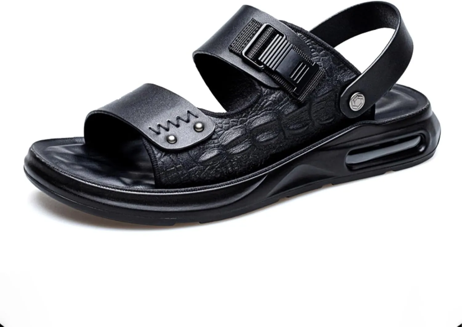 XOEKDMen's Crocodile Pattern Leather Air Cushion Soft Bottom Sandals Fashionable and Non-Slip Round Open Toe Adjustable Ankle Strap Beach Slippers Suitable Outdoor Hiking