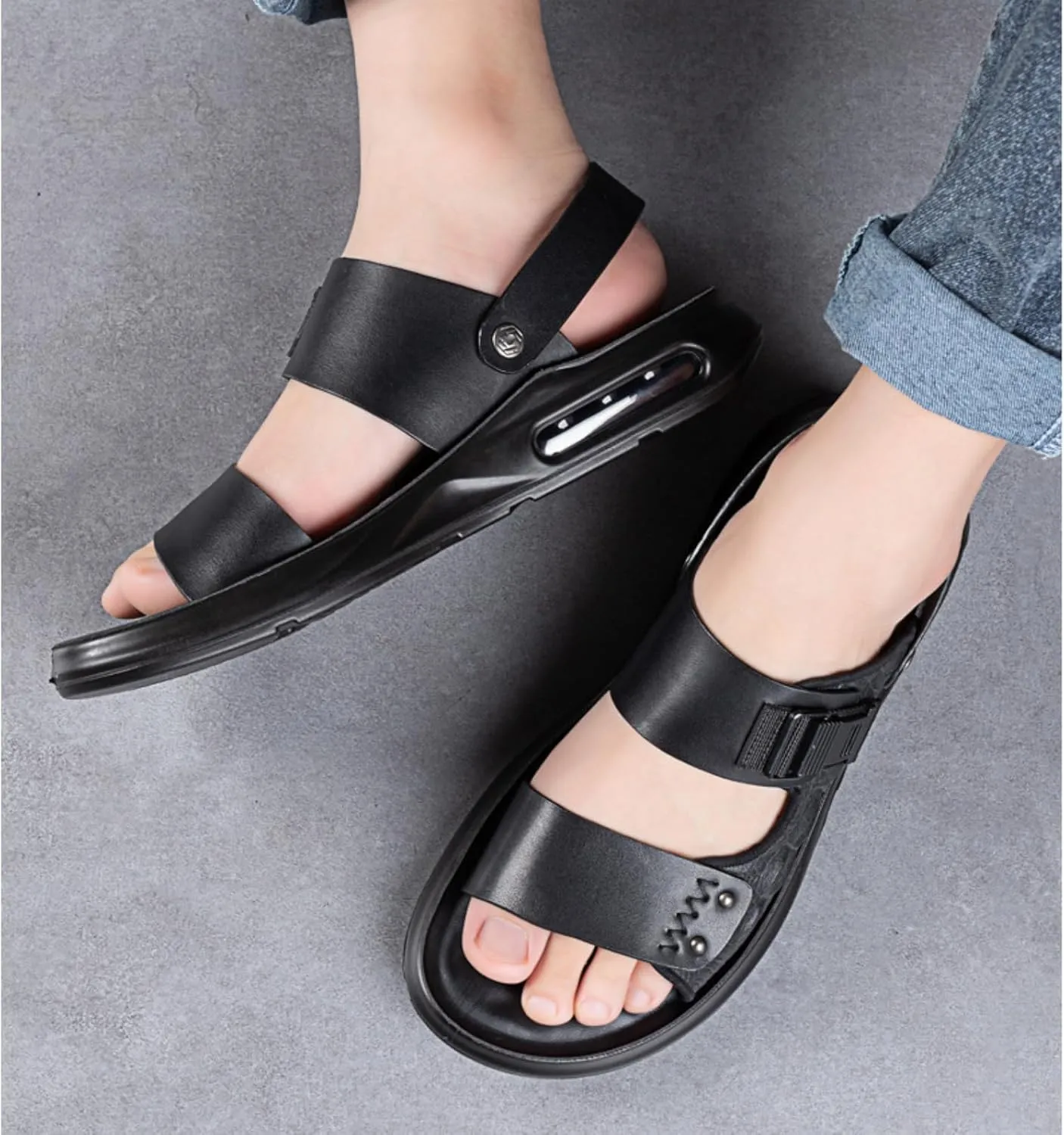 XOEKDMen's Crocodile Pattern Leather Air Cushion Soft Bottom Sandals Fashionable and Non-Slip Round Open Toe Adjustable Ankle Strap Beach Slippers Suitable Outdoor Hiking