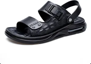 XOEKDMen's Crocodile Pattern Leather Air Cushion Soft Bottom Sandals Fashionable and Non-Slip Round Open Toe Adjustable Ankle Strap Beach Slippers Suitable Outdoor Hiking