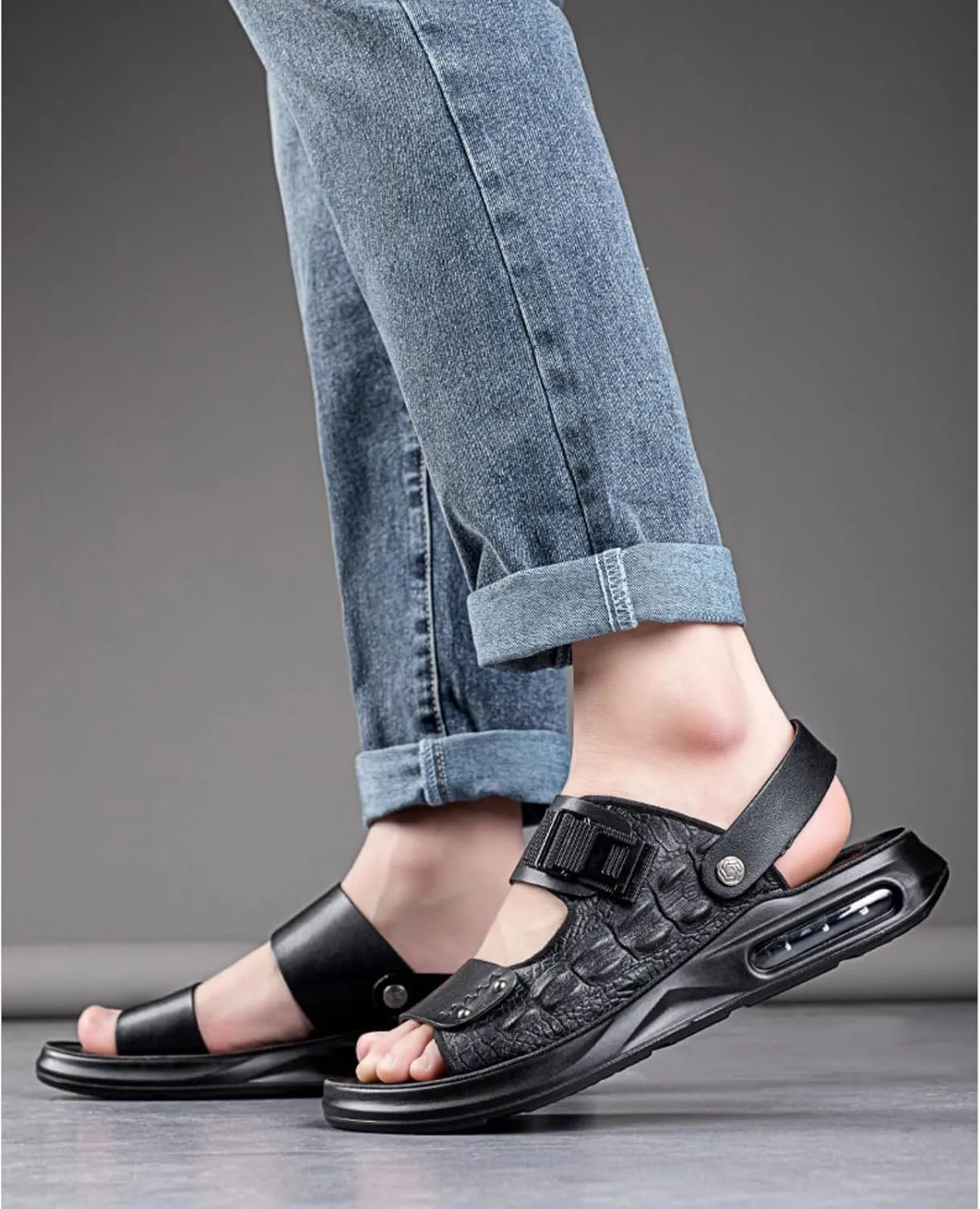 XOEKDMen's Crocodile Pattern Leather Air Cushion Soft Bottom Sandals Fashionable and Non-Slip Round Open Toe Adjustable Ankle Strap Beach Slippers Suitable Outdoor Hiking