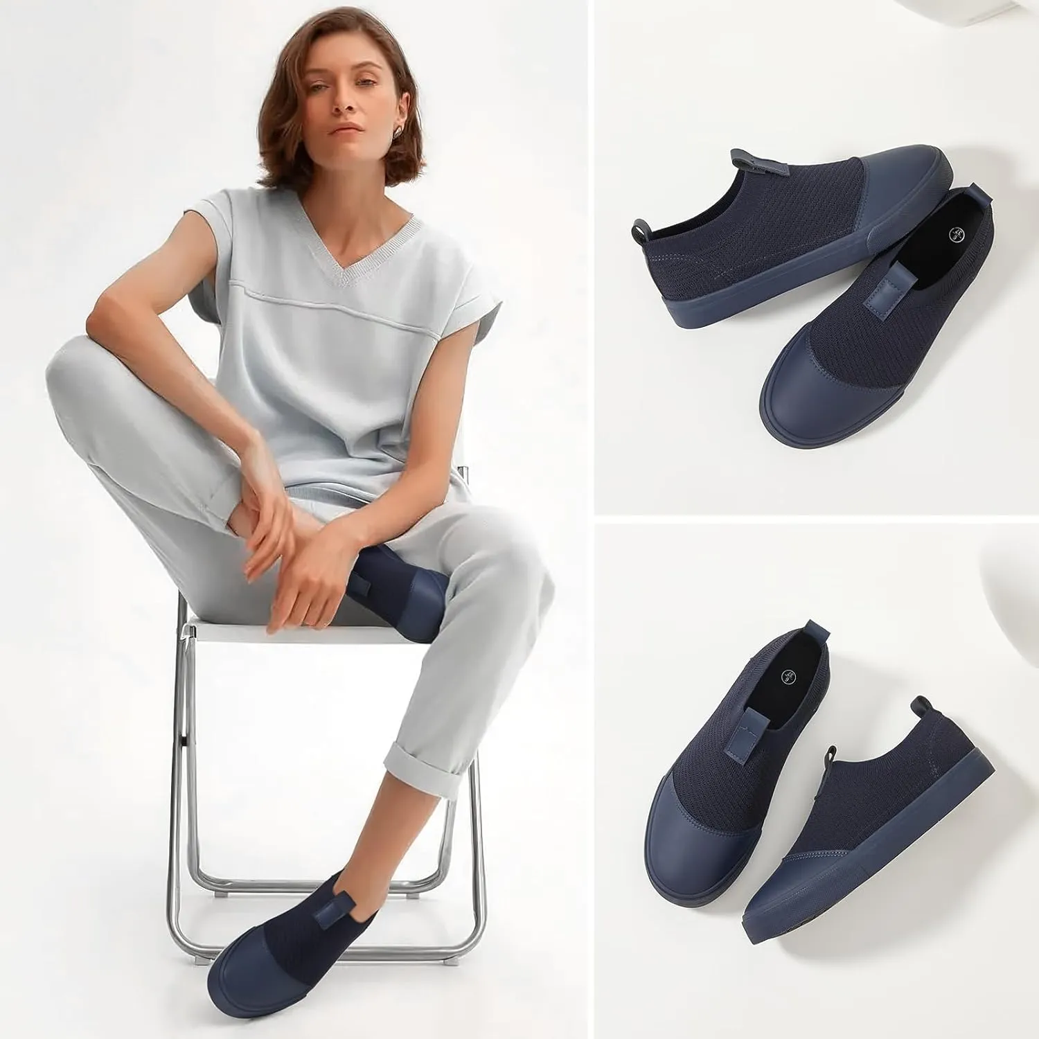 XRH Women's White Slip On Sneakers,Non Slip Women Fashion Work Shoes,Low top Casual Shoes