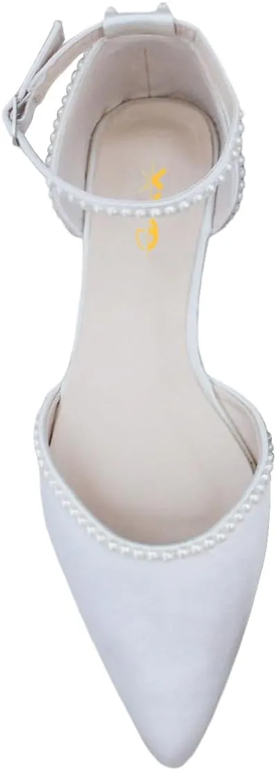 XYD Women Pearl Pointed Toe Ankle Strap Flats D'Orsay Wedding Sandals Comfy Party Dance Shoes