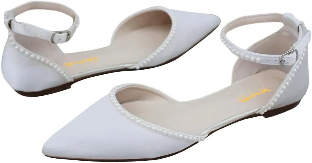 XYD Women Pearl Pointed Toe Ankle Strap Flats D'Orsay Wedding Sandals Comfy Party Dance Shoes