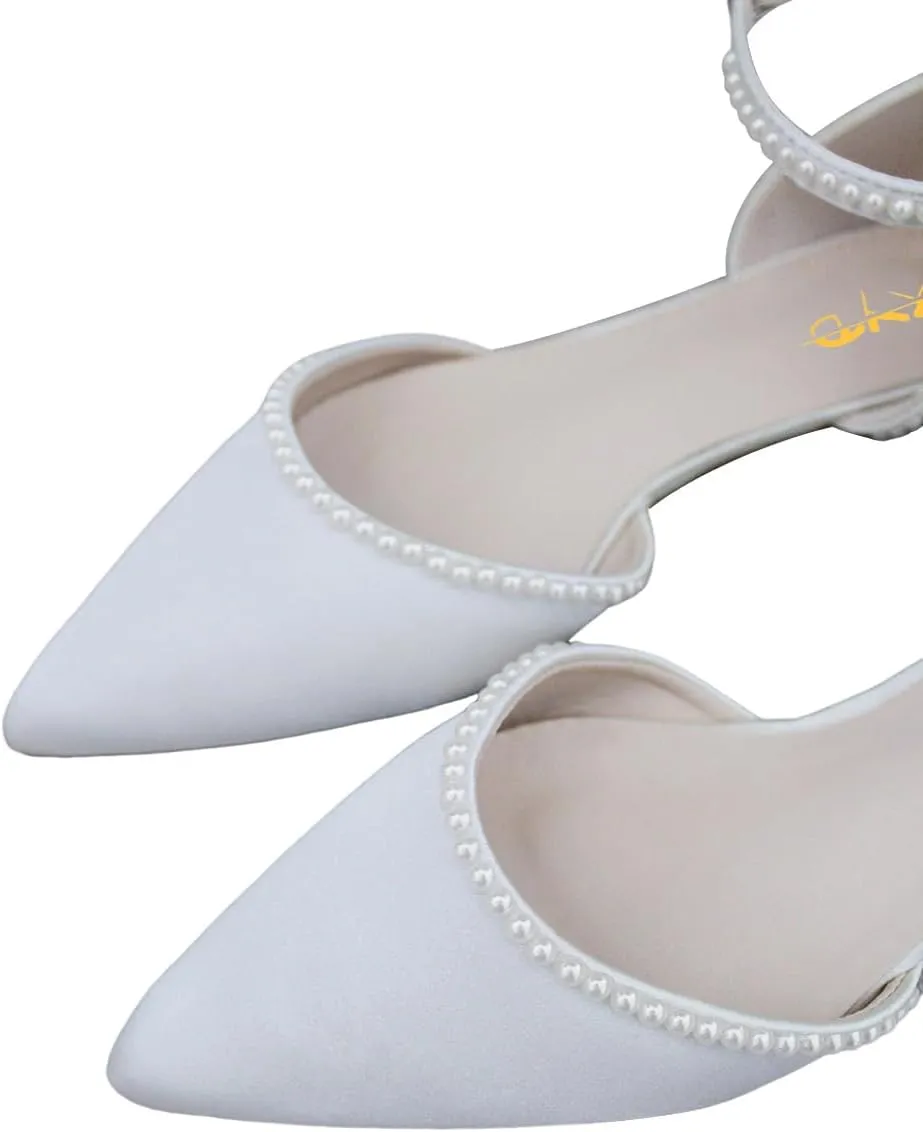 XYD Women Pearl Pointed Toe Ankle Strap Flats D'Orsay Wedding Sandals Comfy Party Dance Shoes