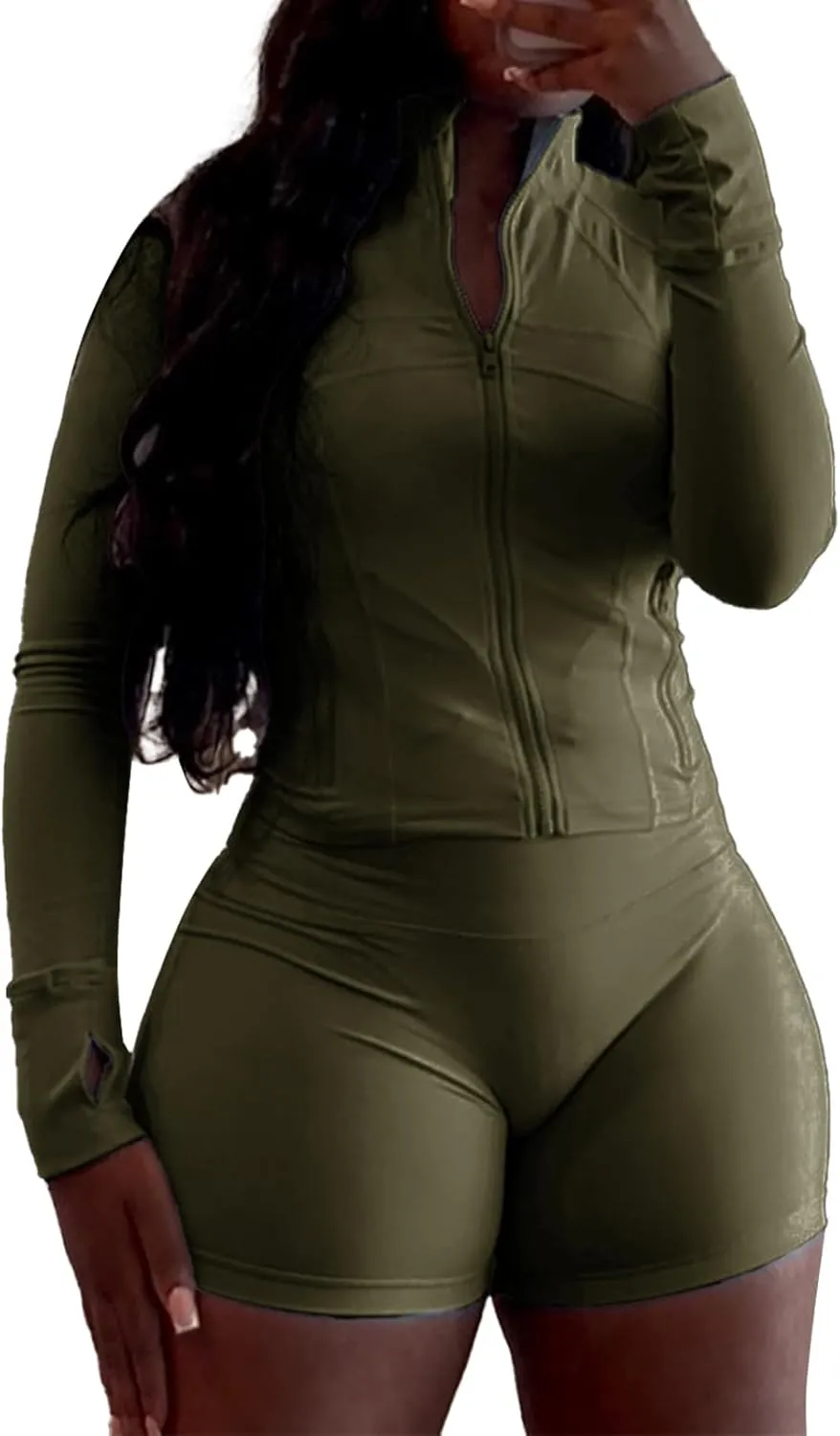 XZLUFNY Two Piece Short Sets for Women Long Sleeve Sport Jacket Bodycon Short Tracksuit Sweatsuit