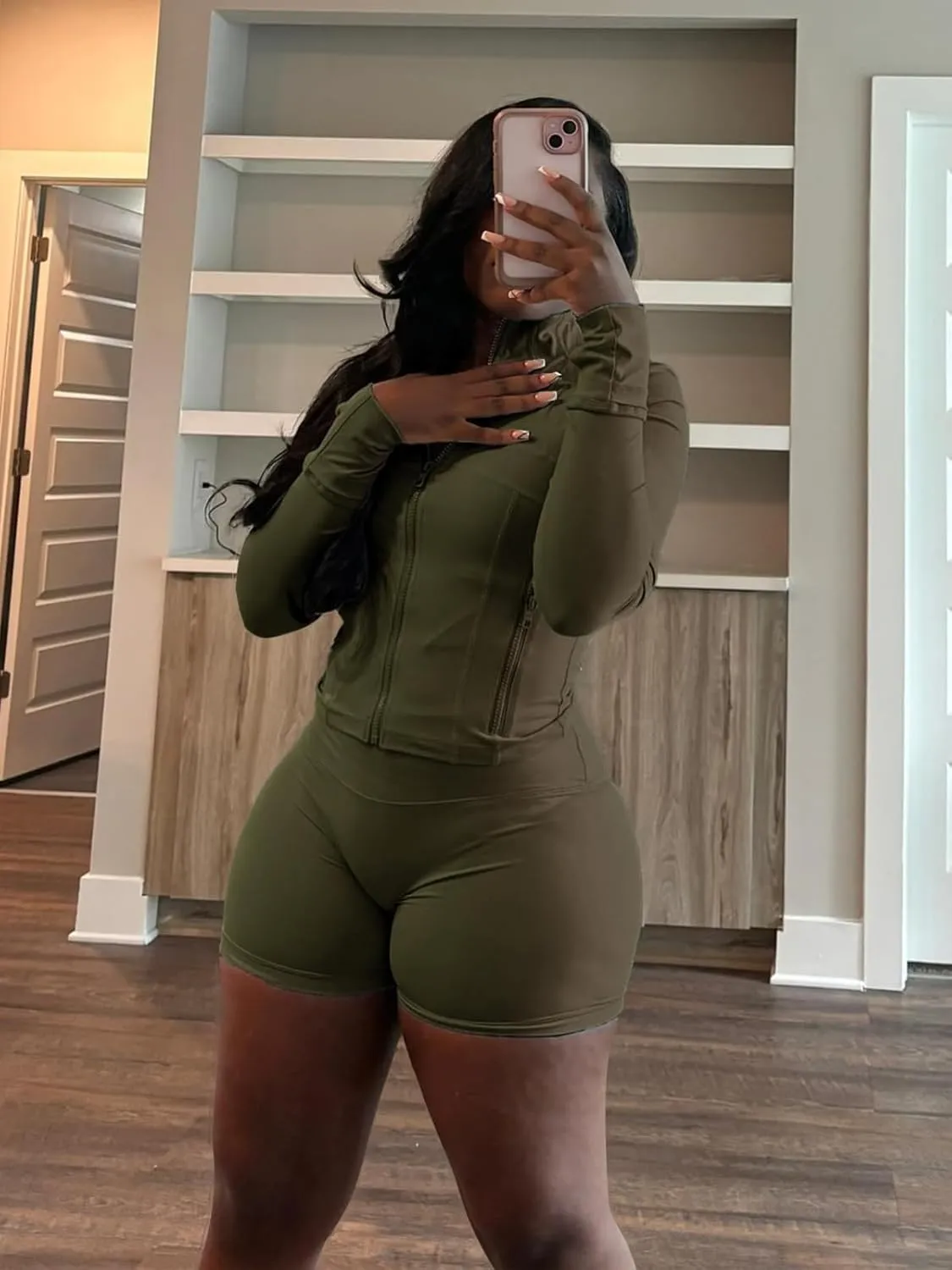 XZLUFNY Two Piece Short Sets for Women Long Sleeve Sport Jacket Bodycon Short Tracksuit Sweatsuit