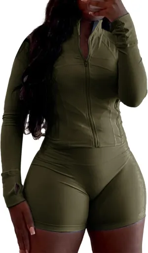 XZLUFNY Two Piece Short Sets for Women Long Sleeve Sport Jacket Bodycon Short Tracksuit Sweatsuit