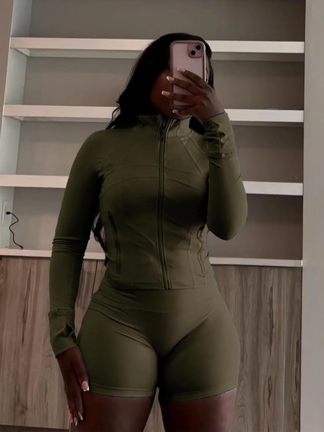 XZLUFNY Two Piece Short Sets for Women Long Sleeve Sport Jacket Bodycon Short Tracksuit Sweatsuit