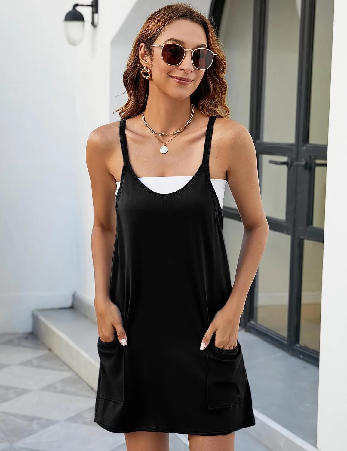 Yidarer Women's Summer Sleeveless Mini Dress V Neck Spaghetti Straps Athletic Shorts Dress with Pockets