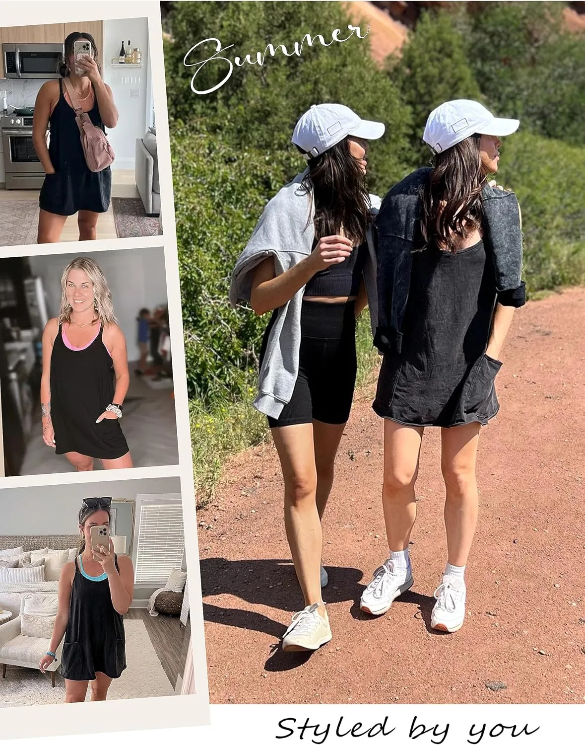 Yidarer Women's Summer Sleeveless Mini Dress V Neck Spaghetti Straps Athletic Shorts Dress with Pockets