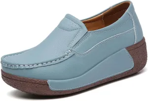 YING LAN Women Slip On Loafers Comfort Leather Wide Low Top Casual Platform Shoes