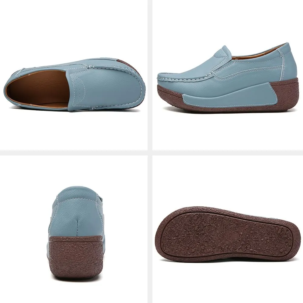 YING LAN Women Slip On Loafers Comfort Leather Wide Low Top Casual Platform Shoes