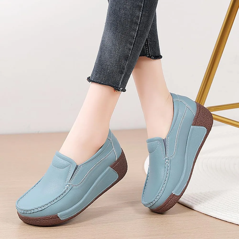 YING LAN Women Slip On Loafers Comfort Leather Wide Low Top Casual Platform Shoes