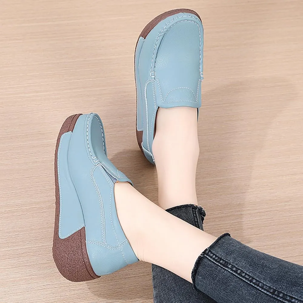 YING LAN Women Slip On Loafers Comfort Leather Wide Low Top Casual Platform Shoes
