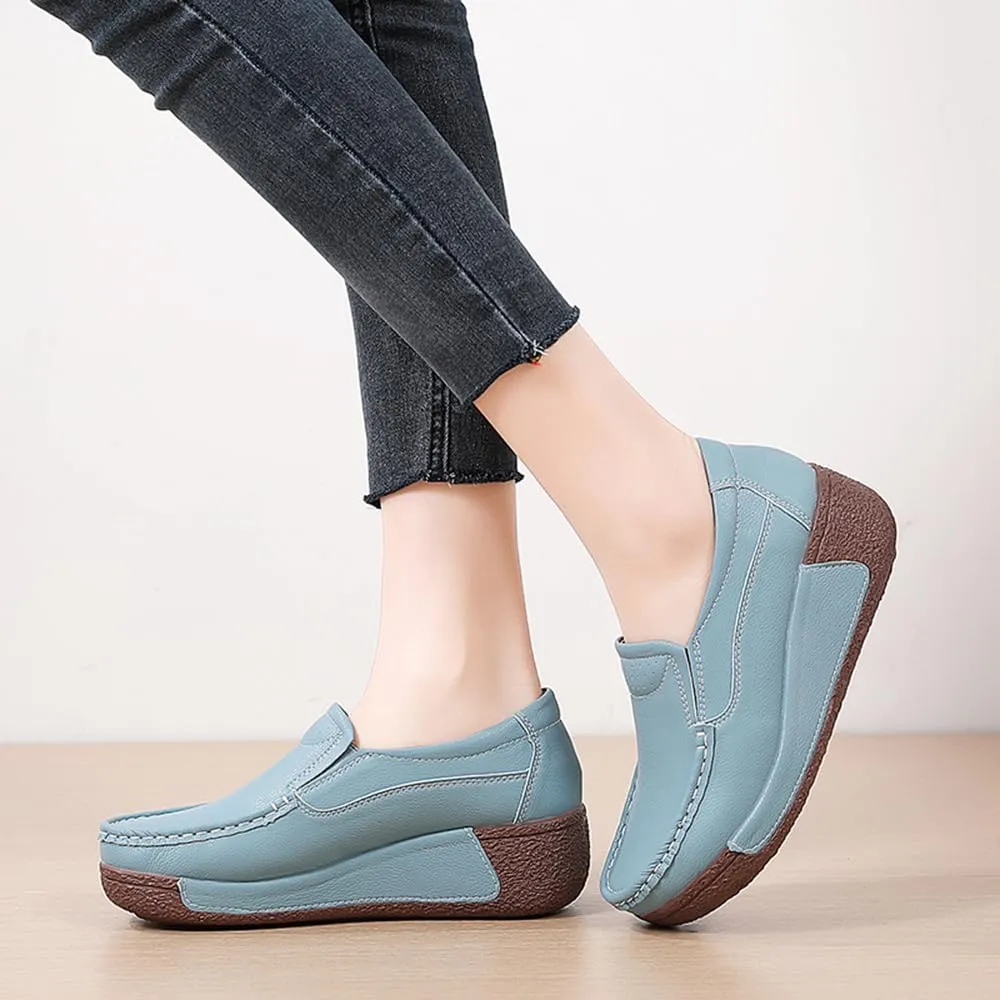 YING LAN Women Slip On Loafers Comfort Leather Wide Low Top Casual Platform Shoes