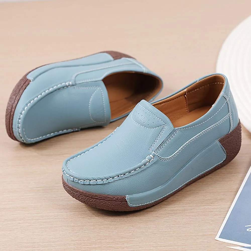 YING LAN Women Slip On Loafers Comfort Leather Wide Low Top Casual Platform Shoes