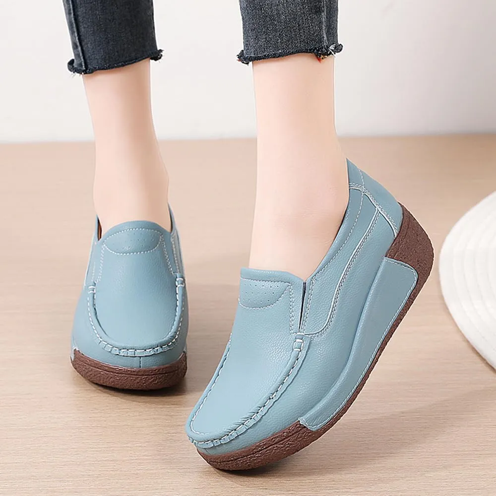 YING LAN Women Slip On Loafers Comfort Leather Wide Low Top Casual Platform Shoes
