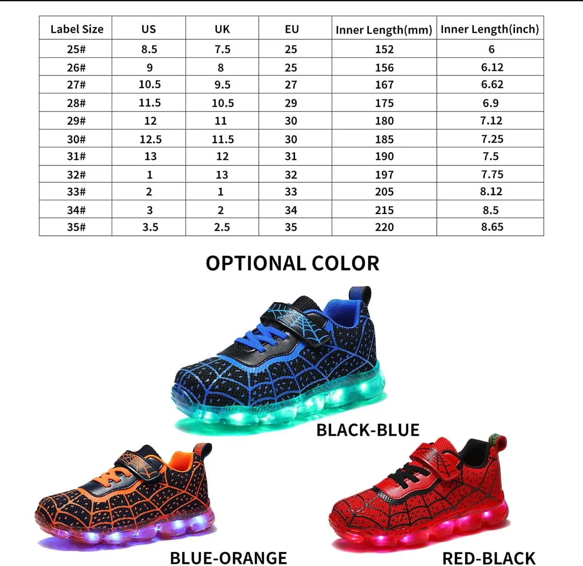 YUNICUS Kids Light Up Shoes Led Flash Sneakers with Spider Upper USB Charge for Boys Girls Toddles Best Gift for Birthday Thanksgiving Christmas Day